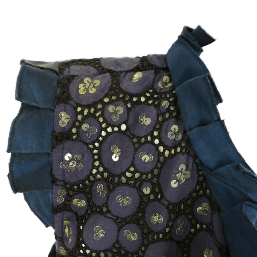 Y2K Bebe Navy Blue Top Satin Ruffles Sequins Lace Inset Side Zip Button Back S - Picture 5 of 10